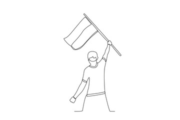 A man raises the Indonesian flag. Indonesia independence day one-line drawing