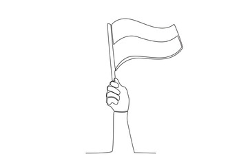 A hand holding the Indonesian flag. Indonesia independence day one-line drawing