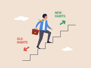 Make a choice concept. Businessman walking up stair to new habits way. Old Habits and new habits choice, Choose a new direction. Modern flat vector illustration.