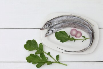 Cuttlefish, hairyhead, raw silver cuttlefish, barracuda fish, swordfish, sabah, typical Mediterranean fish, on white background, top view, background image