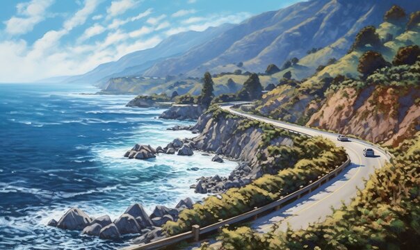  a painting of a scenic road by the ocean with a car driving on the side of the road near the water and a cliff on the other side of the road.  generative ai
