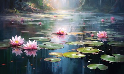  a painting of water lilies in a pond with a light coming through the trees and leaves on the water's surface, with a bright light coming from behind them.  generative ai