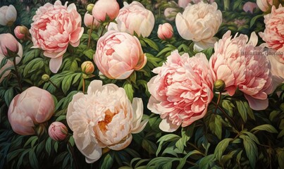  a painting of pink peonies in a garden of green leaves and flowers, with a dark background of pink flowers and green leaves.  generative ai