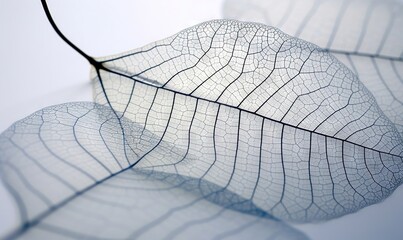  a close up of a leaf's skeleton on a white surface with a light reflection in the back of the leaf's leaf.  generative ai