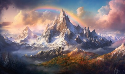 a painting of a mountain range with a rainbow in the sky and clouds in the sky above it and a rainbow in the sky above it.  generative ai