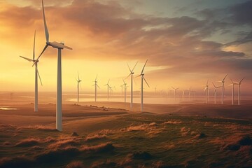 Wind farm with tall wind turbines to generate electricity. Created with Generative Ai technology.