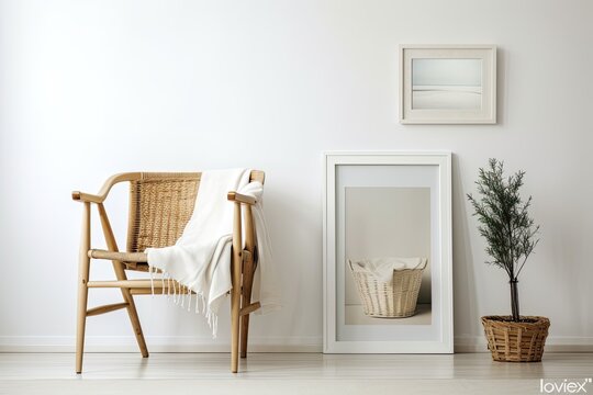 Model of a white wooden chair in a living room with a towel in a basket and a picture frame on the wall. Generative AI