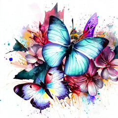 Watercolor painting of butterfly and flower garden