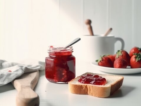 Toast with strawberry jam for breakfast on white table. Generative AI