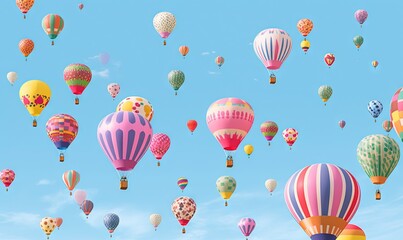  a bunch of hot air balloons flying in the sky with a blue sky in the back ground and clouds in the sky behind them,.  generative ai