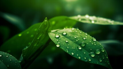 Macro shot beautiful morning dew water droplet in the green leaf, watering garden, fresh look, environment concept and background. Generative AI technology.