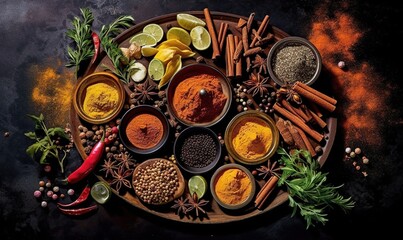 Obraz na płótnie Canvas a plate of spices and herbs on a table with an orange glow in the middle of the plate and on the side of the plate is a chili, lime, lime, pepper, limes, limes, pepper, cinnamon,. generative ai
