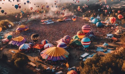 Fototapeta na wymiar an aerial view of a festival with many hot air balloons in the sky and onlookers in the ground and onlookers in the distance. generative ai