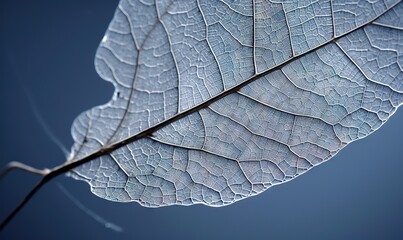  a close up of a leaf with a blue sky in the background of it's background, with a thin thin stem.  generative ai