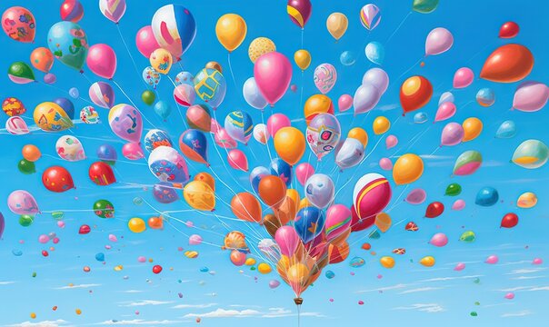  a bunch of balloons are flying in the air with a blue sky in the background and clouds in the foreground, and a blue sky filled with white clouds.  generative ai