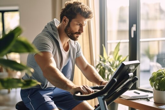 caucasian man in bright sport clothes at home gym , AI Generated