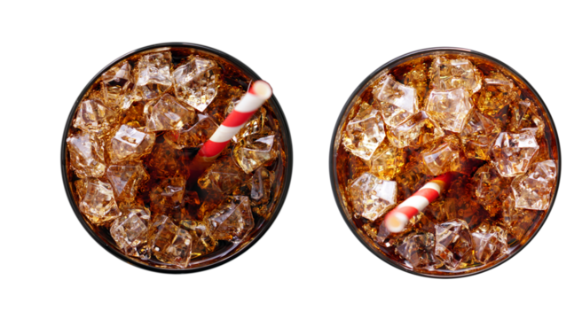 cola soft drink with ice and paper straw on transparent background shot from overhead view 