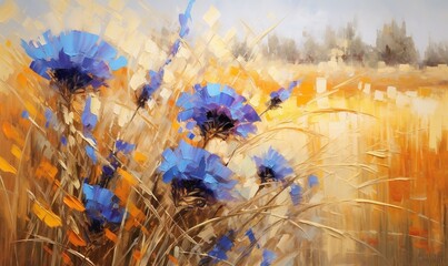  a painting of blue flowers in a field of yellow and brown grass with trees in the background and a blue sky in the background with yellow and orange tones.  generative ai
