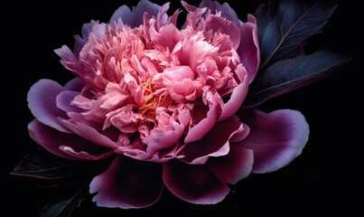  a large pink flower with green leaves on a black background with a black background and a dark background with a pink flower with green leaves on a black background.  generative ai