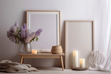Near a light wall, a table with a vase of flowers and an empty frame. Generative AI