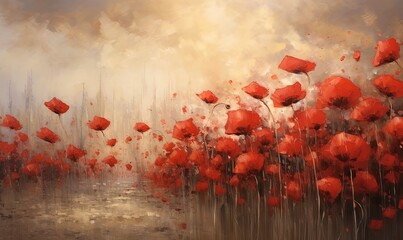  a painting of a field of red flowers with a yellow sky in the background and clouds in the sky above it, and a painting of red poppies in the foreground.  generative ai