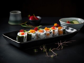 Delicious sushi rolls on black table, Japanese food. Generative AI