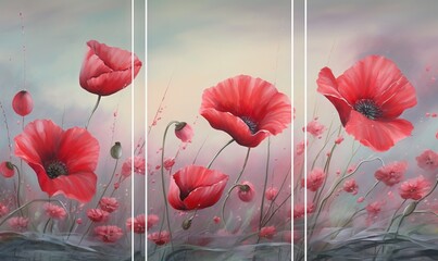  a painting of red flowers on a green and blue background with a white rectangle frame in the middle of the picture is a painting of a field of red poppies.  generative ai
