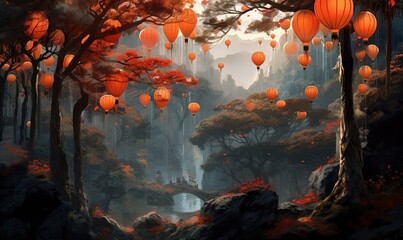  a painting of a forest filled with lots of orange lanterns floating in the air above a river surrounded by trees and a forest covered with lots of red leaves.  generative ai