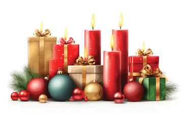 Christmas decoration with christmas tree gift boxes red candles christmas vector art illustration.