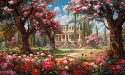  a painting of a house surrounded by trees and flowers with a pathway leading to the front door of the house in the foreground is a field of blooming flowers.  generative ai