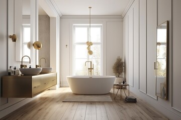 Fototapeta na wymiar Modern white bathroom interior with a wooden floor and gold accents. in front. Generative AI