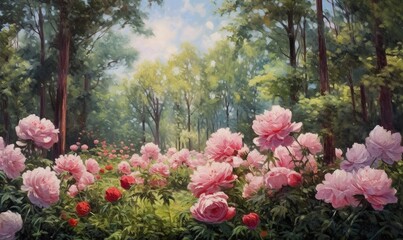  a painting of pink flowers in a green forest with blue sky and clouds in the background and trees in the foreground, with a painting of pink flowers in the foreground.  generative ai