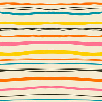 Handdrawn small and broad horizontal stripes in vintage orange retro yellow bright pink blue and black