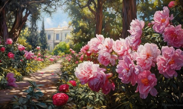  a painting of pink flowers in a garden with a white house in the background and trees in the foreground with a path leading to it.  generative ai