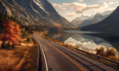 Fototapeta premium a scenic view of a mountain lake and a road with a curve in the middle of the road and mountains in the background with clouds in the sky. generative ai