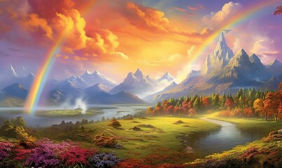  a painting of a rainbow over a mountain range with a lake and forest in the foreground and a rainbow in the distance with mountains in the background.  generative ai
