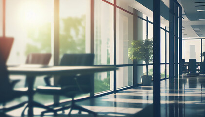 Fototapeta na wymiar Beautifully Blurred Background of a Light Modern Office Interior with Panoramic Windows and Beautiful Lighting