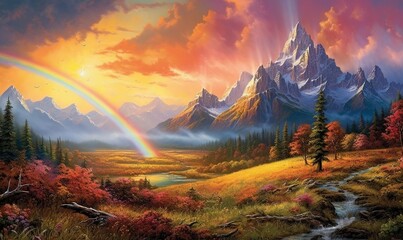  a painting of a rainbow over a mountain range with a stream in the foreground and a rainbow in the distance with a mountain range in the background.  generative ai