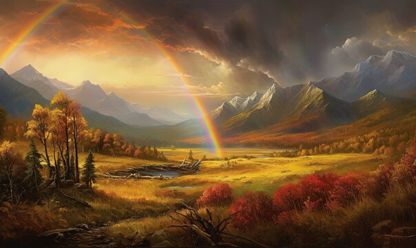 a painting of a rainbow in the sky over a mountain valley with a river and trees in the foreground and a rainbow in the distance.  generative ai