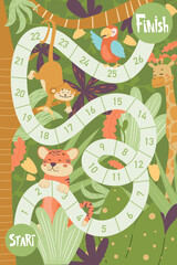 Children board game walker. Cartoon map in jungle forest, tropical plants and wild animals. Vector template, entertainment for kids.