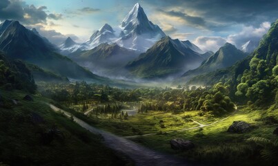  a painting of a mountain landscape with a path leading to a valley and a river in the foreground with a mountain range in the background.  generative ai - obrazy, fototapety, plakaty