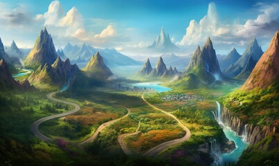  a painting of a mountain valley with a river and a road winding through it, with a waterfall in the middle of the valley, and a town in the distance.  generative ai