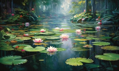  a painting of water lilies in a pond with lily pads in the foreground and a waterfall in the background with trees and bushes in the background.  generative ai