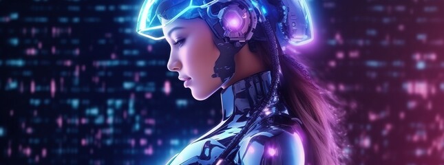 Obraz premium Illustration of a cyborg woman and Ai technology background , AI Generated