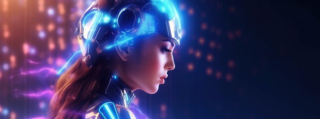 Illustration of a cyborg woman and Ai technology background , AI Generated