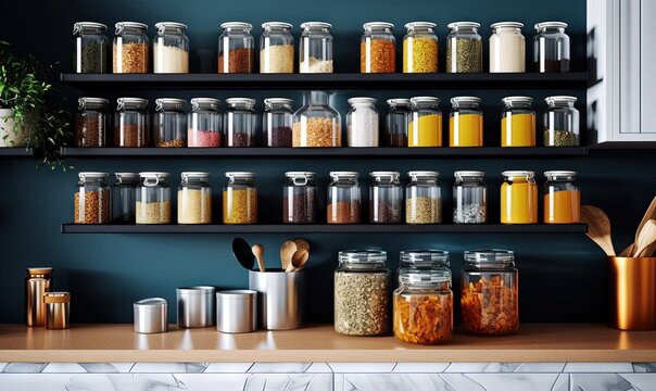 a shelf filled with lots of different types of spices and seasonings on top of a wooden counter top next to a potted plant.  generative ai