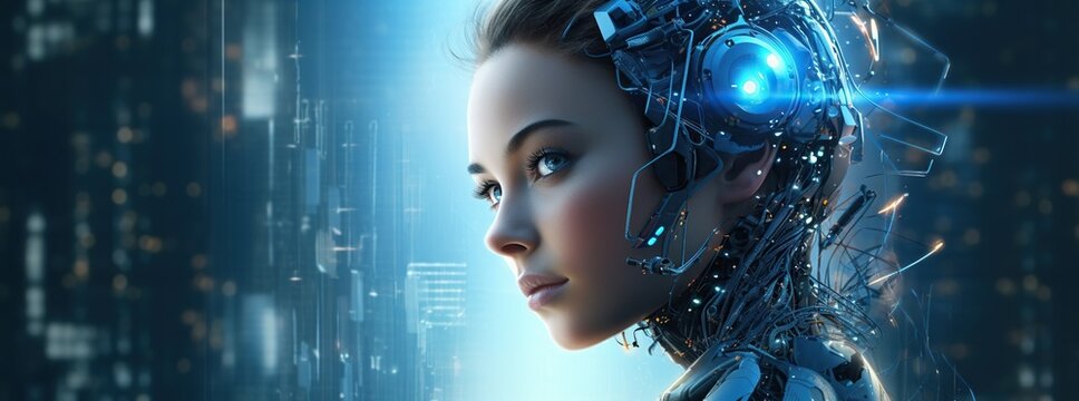 Illustration of a cyborg woman and Ai technology background , AI Generated