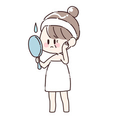 手鏡を見て悩むの女性