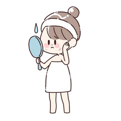 手鏡を見て悩むの女性