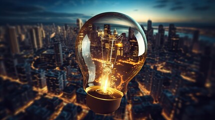 Photo of a light bulb shining over a city skyline at night